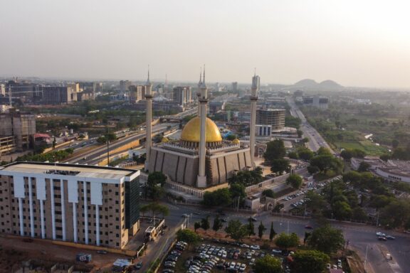 Scenic aerial view of abuja city skyline at sunset