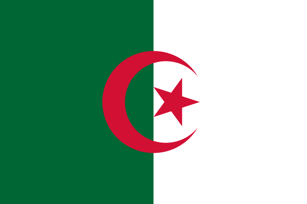 Algerian flag with a green and white field and a red crescent and star in the center.