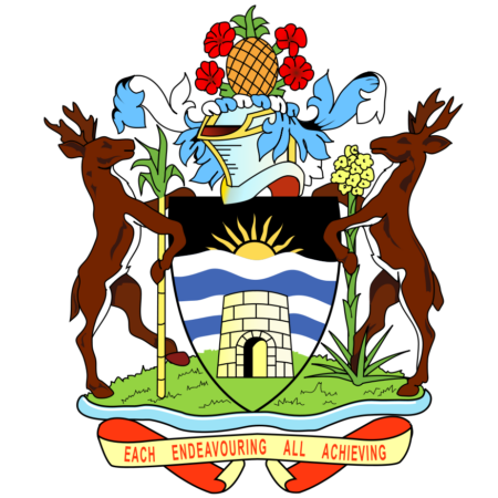 Coat of arms of Antigua and Barbuda featuring a shield with the sun, a sugar mill, and the sea, flanked by deer, with a pineapple crest and the motto "Each Endeavouring All Achieving".