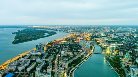 An aerial view of Russia’s city of Astrakhan bordering the Caspian Sea.