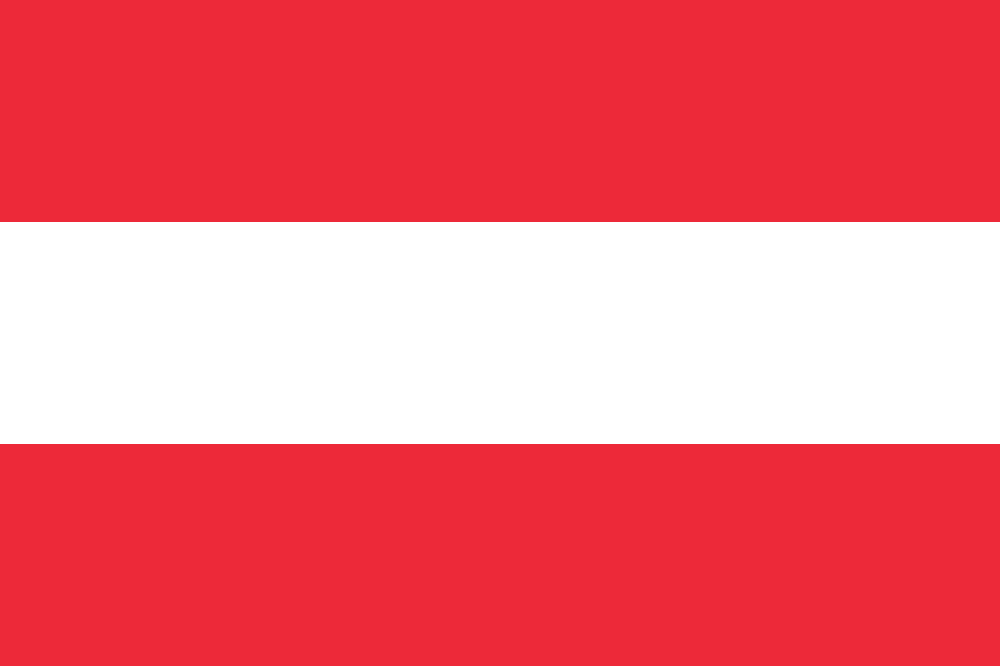 Flag of Austria consisting of three horizontal stripes, with the top and bottom stripes red and the middle stripe white.