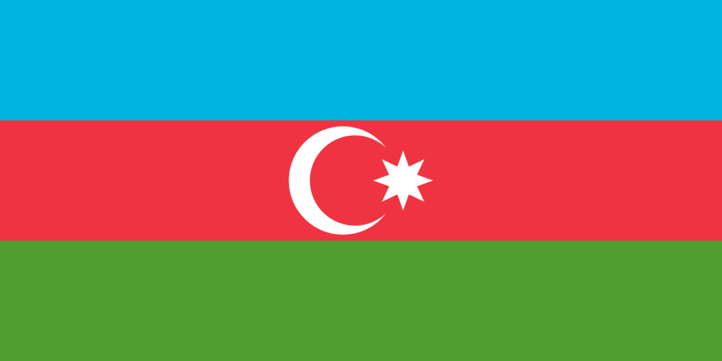 Flag of Azerbaijan with horizontal bands of blue, red, and green, with a white crescent and an eight-pointed star in the center.