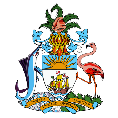 Coat of arms of the Bahamas featuring a shield with a ship and water beneath the sun, flanked by a marlin and a flamingo, topped with a conch shell, all above the motto "Forward, Upward, Onward Together."