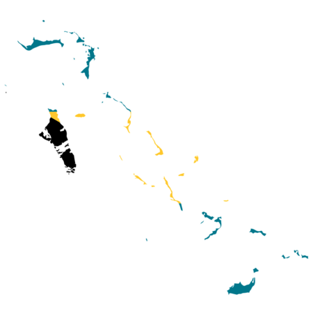 Map of the Bahamas with the country's flag superimposed on its geographical shape.