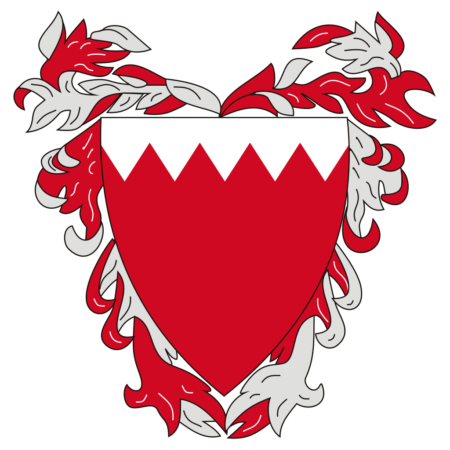 Coat of arms of Bahrain featuring a white shield with five red triangles resembling a zigzag line at the top, flanked by red and white floral designs.