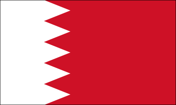 Flag of Bahrain with a white vertical band on the left separated by five triangles from a larger red field on the right.