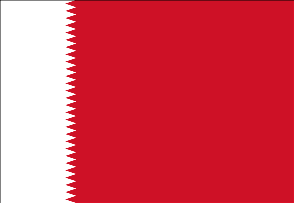 Flag of Bahrain with a white vertical stripe on the left and a red field with a serrated edge on the right.