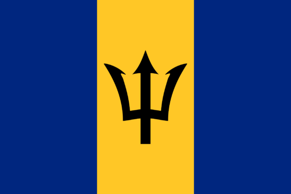 Flag of Barbados with a vertical trident symbol centered on a gold band flanked by two dark blue stripes.