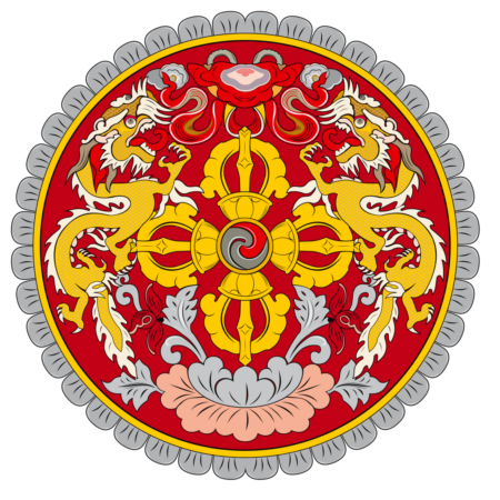 Coat of arms of Bhutan featuring two dragons surrounding a circular emblem with a lotus, a jewel, and intricate designs on a red background.