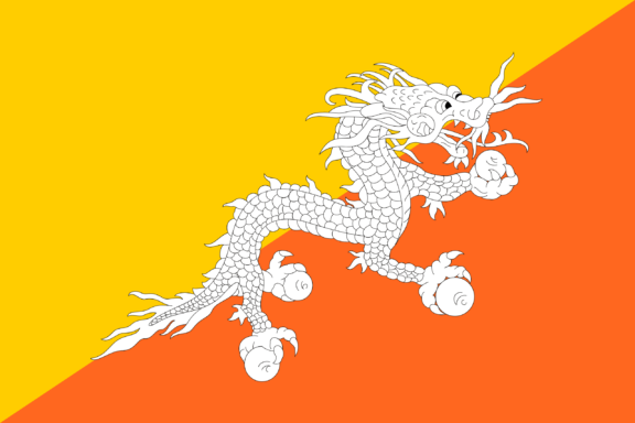 Flag of Bhutan featuring a white dragon in the center with a background diagonally divided into yellow and orange sections.