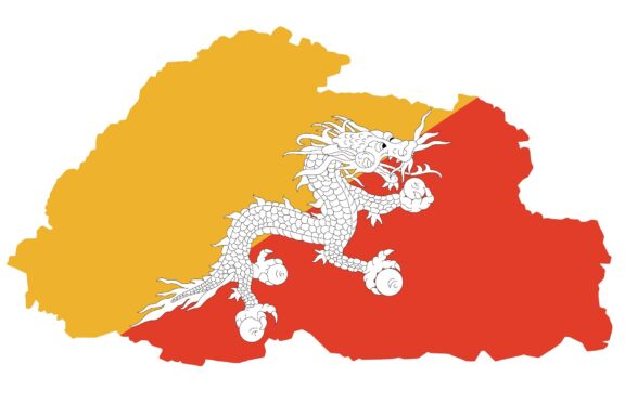 Illustration of Bhutan's flag superimposed on the country's map, featuring a white dragon on a bicolor background of yellow and orange.