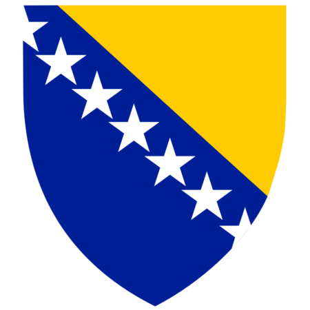 Shield with a blue diagonal stripe adorned with white stars, flanked by a yellow triangle and blue field.