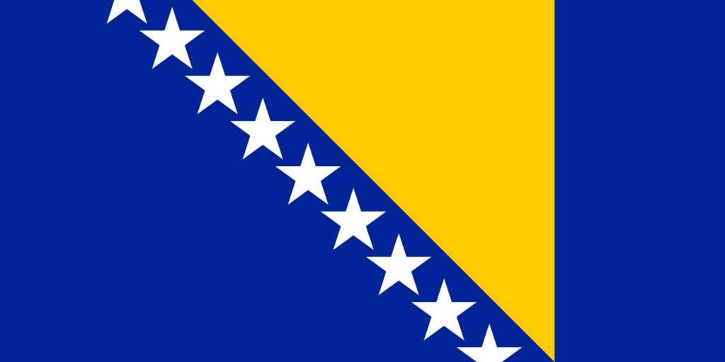 Flag of Bosnia and Herzegovina with a blue vertical band, a yellow right triangle, and a row of white stars following the triangle's hypotenuse.