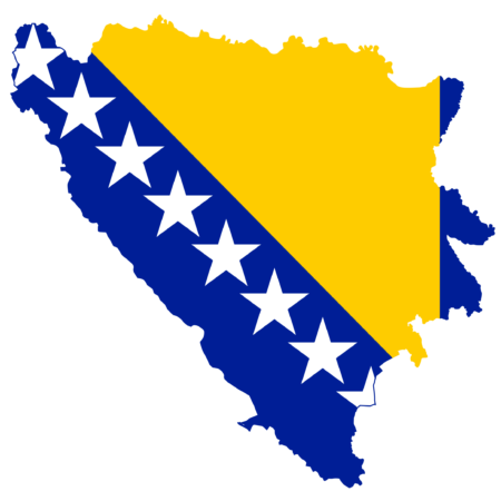 Map of Bosnia and Herzegovina shaped with the national flag colors, blue with white stars and a yellow triangle.