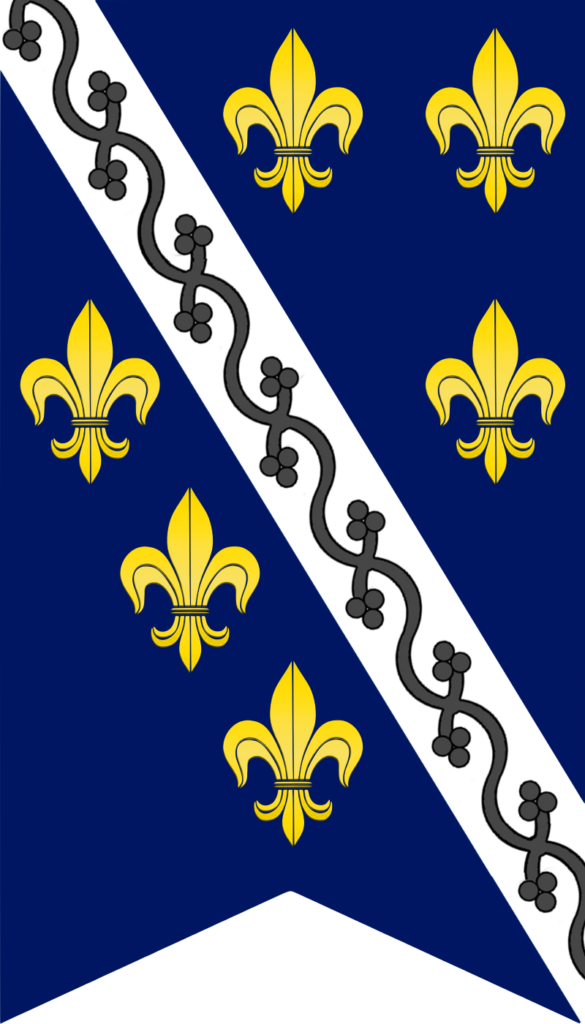 A flag with a blue background featuring a diagonal white stripe with black fleur-de-lis symbols, and three larger gold fleur-de-lis symbols arranged vertically to the side.