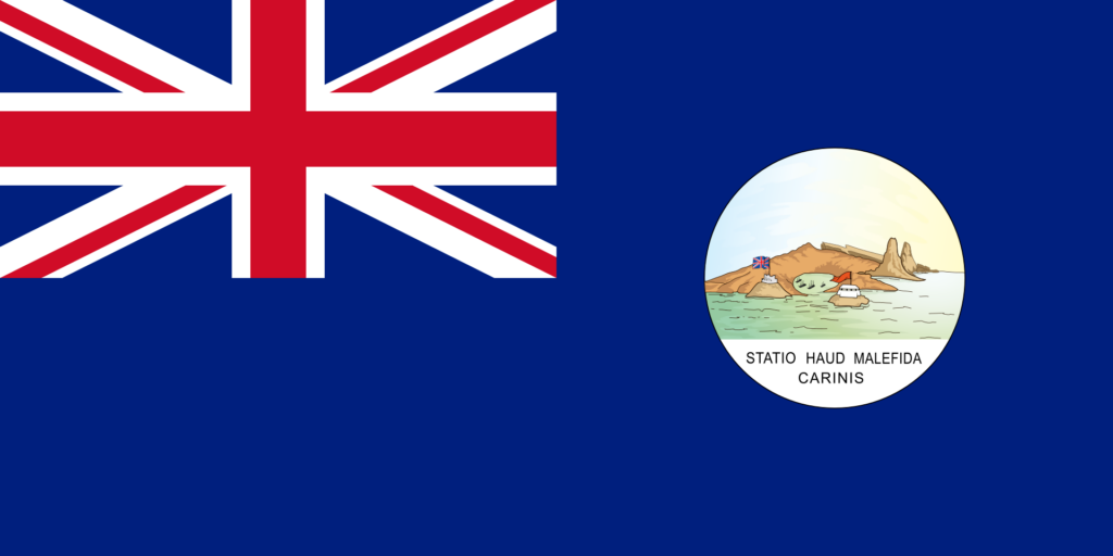 Flag of Saint Lucia with a blue field featuring the British Union Jack in the upper left corner and a depiction of a white circle with a landscape and the text "Statio Haud Malefida Carinis" on the right.