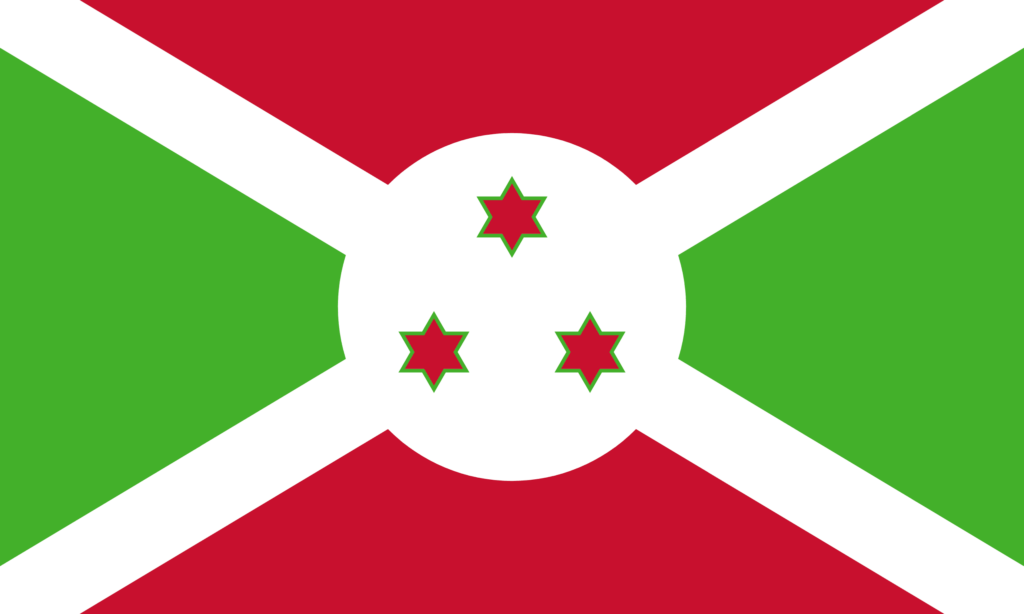 Flag of Burundi with a white saltire dividing green and red areas and three six-pointed stars in the central white circle.