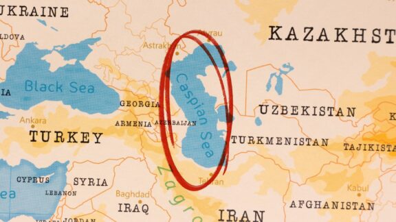 Caspian Sea marked with red circle on realistic map