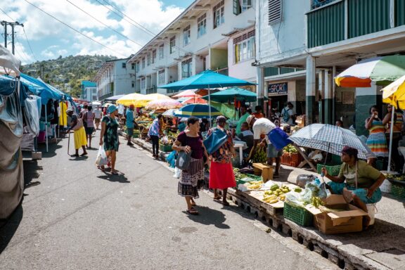 Street Market Bustle in Castries The lively central market in Castries, serving as the heart of local commerce