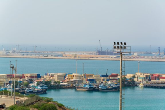 A view of containers and ships docked in Chabahar Port, Iran in the Arabian Sea.