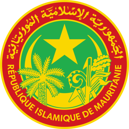 Coat of arms of Mauritania featuring a green star and crescent on a gold background surrounded by red border with palm trees and cannons.