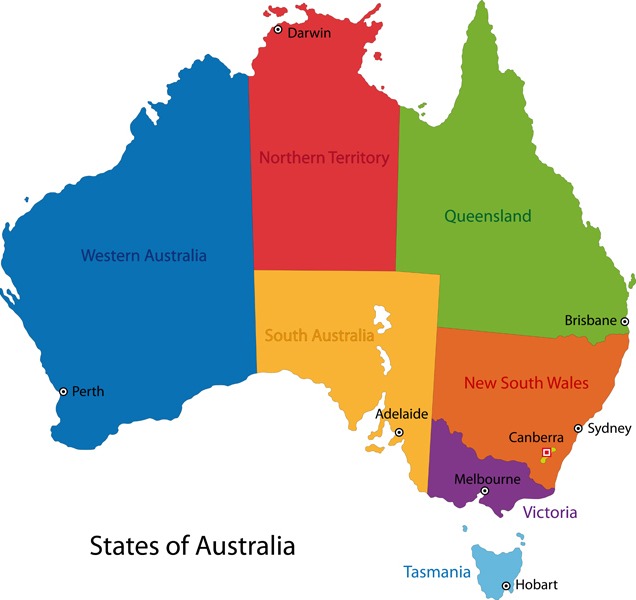 A colorful map of the states and territories of Australia.