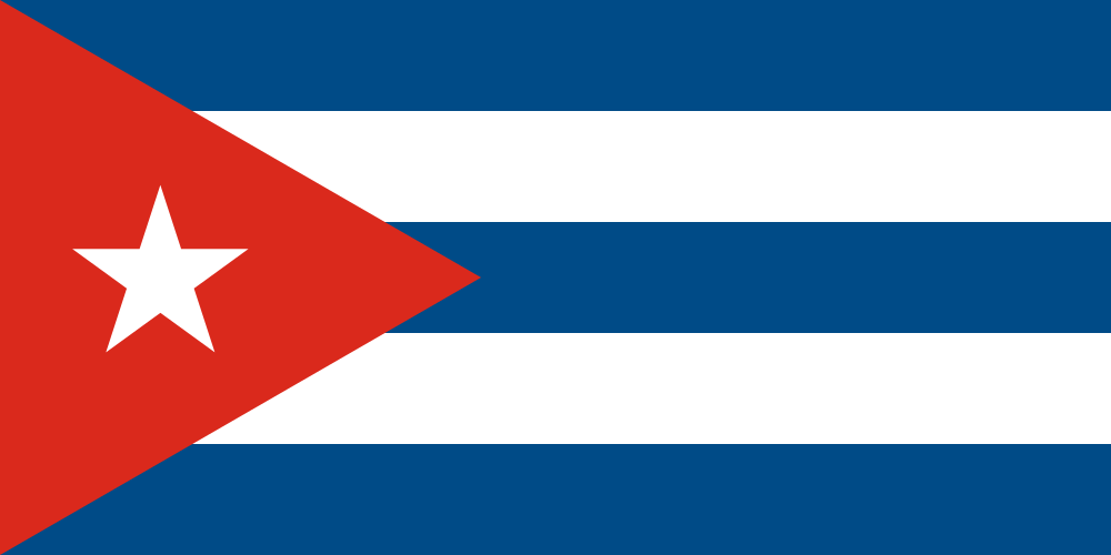 Flag of Cuba with five horizontal stripes alternating between white and blue and a red triangle on the left side featuring a white star.