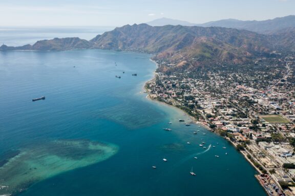 Aerial View of Dili, East Timor Coastline Bird's-eye view of Dili, revealing its coastal topography