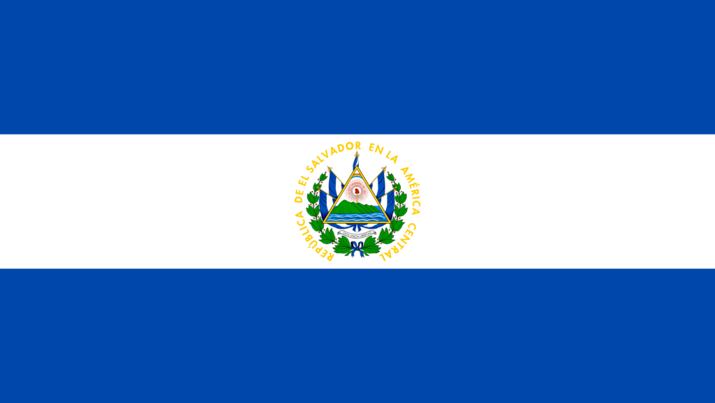 Flag of El Salvador with horizontal stripes in blue and white and the national coat of arms in the center.