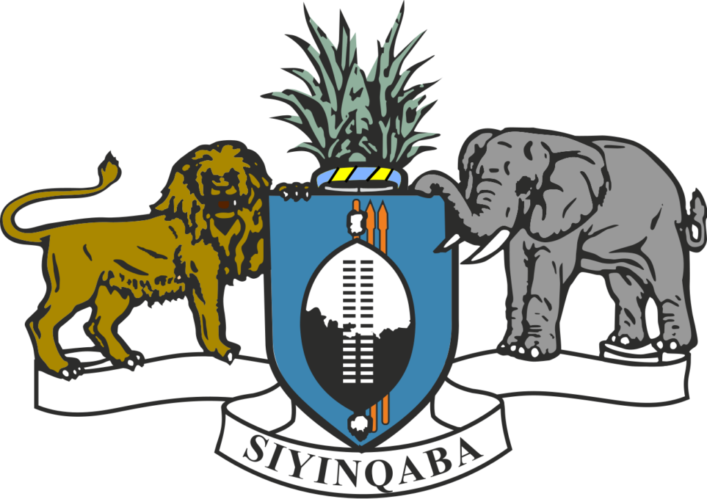 Coat of arms of Eswatini featuring a lion and an elephant flanking a shield with a depiction of a traditional hut and spears, with the word "SIYINQABA" on a banner below.