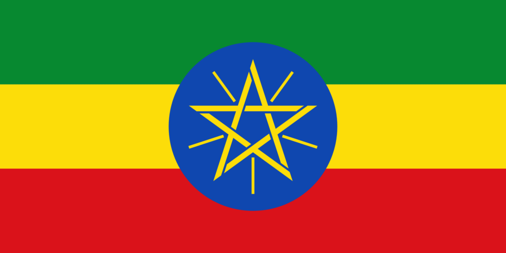 Flag of Ethiopia featuring horizontal stripes of green, yellow, and red with a blue circle and a yellow star in the center.