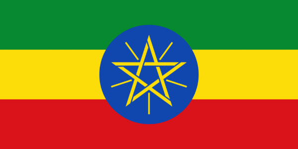 Flag of Ethiopia with horizontal stripes of green, yellow, and red, and a blue circle in the center featuring a yellow star with rays.