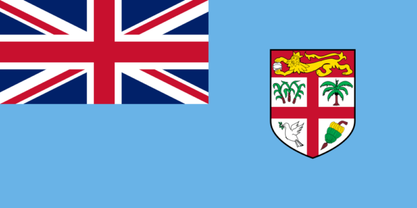 Flag of Fiji featuring the Union Jack in the upper left corner and the Fijian shield on a light blue field.