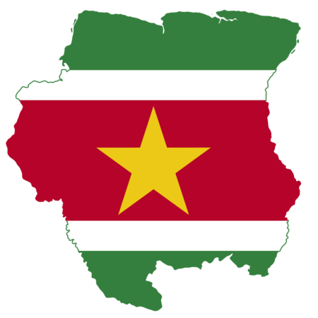 Flag map of Suriname with the country's flag superimposed over its geographical outline.