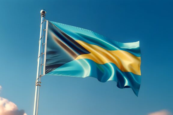 Flag of the Bahamas waving against a clear blue sky.