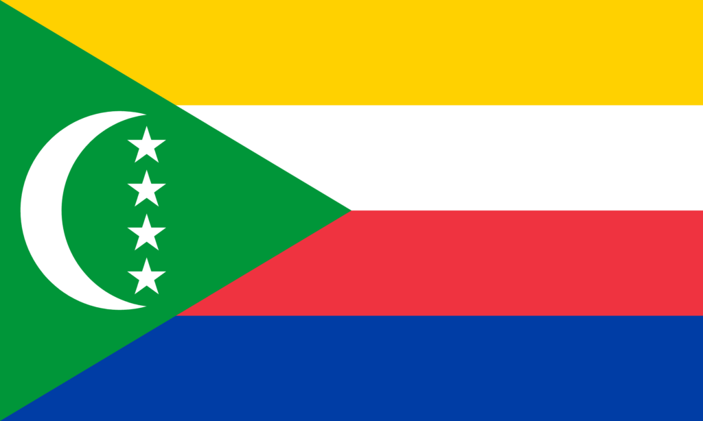 Flag of Comoros with four horizontal stripes in yellow, white, red, and blue, and a green triangle at the hoist featuring a white crescent and four stars.