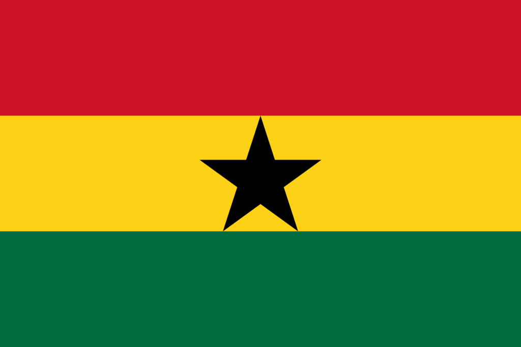 Flag of Ghana consisting of horizontal stripes in red, yellow, and green with a black five-pointed star in the center of the yellow stripe.