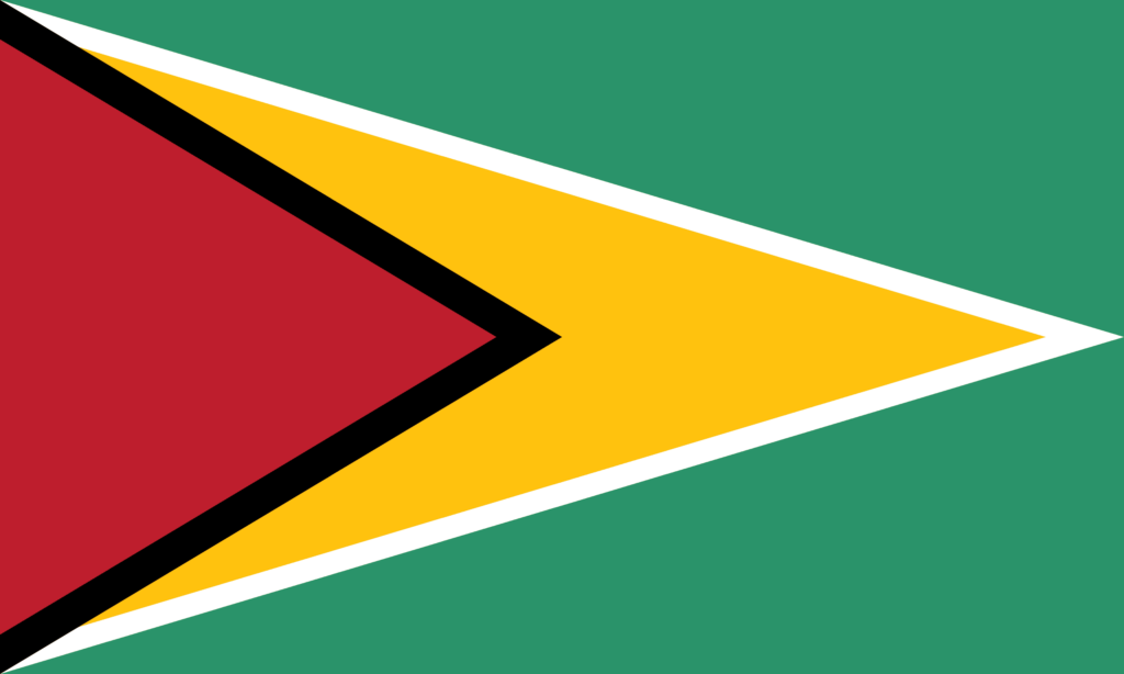 Flag of Guyana with green background, yellow diamond, white triangle, red triangle, and black border.