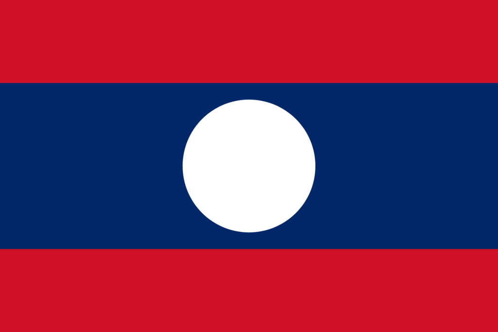 Flag of Laos with three horizontal stripes, red on the top and bottom and blue in the middle, with a white circle in the center.