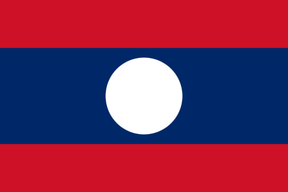 Flag of Laos with three horizontal stripes, red on the top and bottom and blue in the middle, with a white circle in the center.