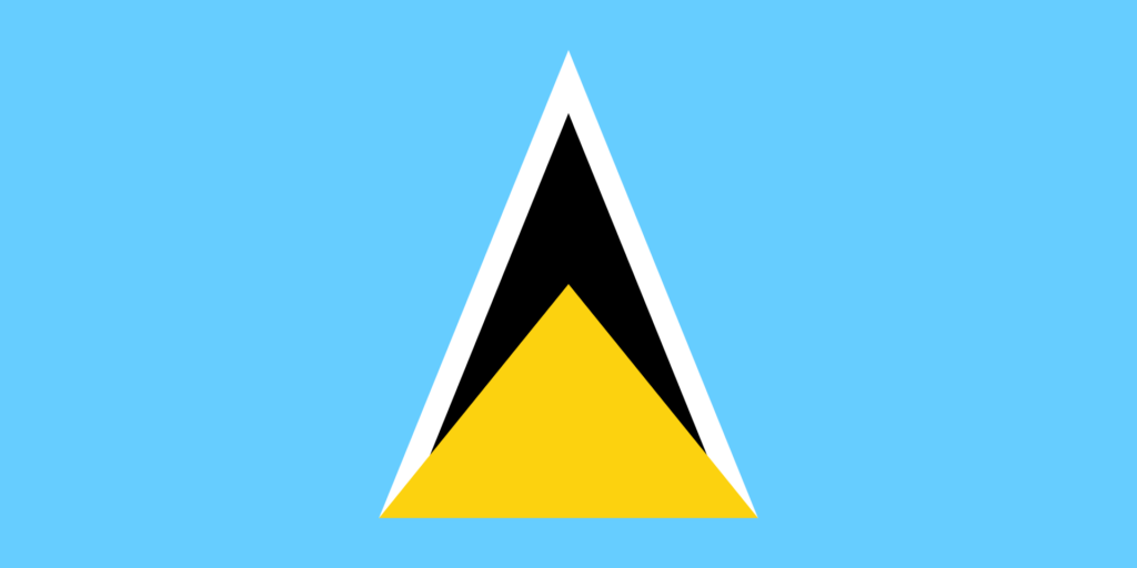 Flag of Saint Lucia with a light blue field, featuring a black triangle edged in white, superimposed on a larger yellow triangle.