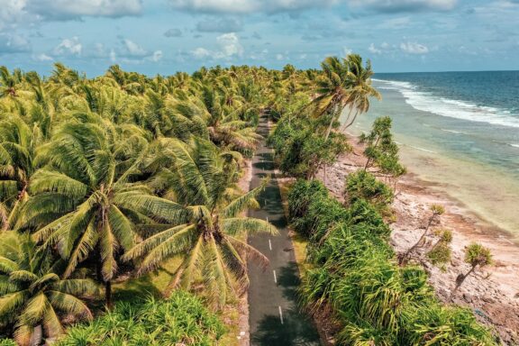 Coastal Road on Funafuti Atoll The main road in Funafuti, lined with palm trees, a testament to the island's lush vegetation