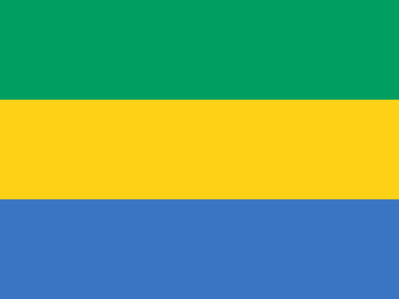 Flag of Gabon with horizontal stripes in green, yellow, and blue.