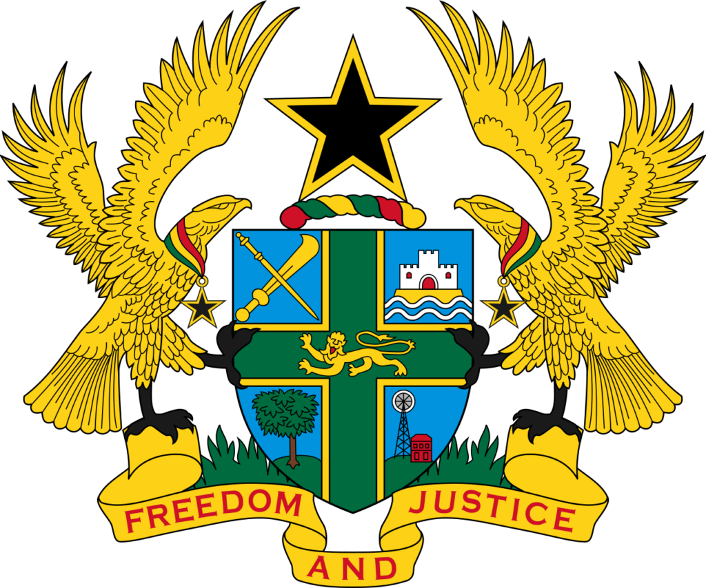 Ghana's coat of arms featuring a shield with a crossed linguist staff and ceremonial sword, a castle on water, a cocoa tree, a gold mine, and a lion, flanked by two eagles with a Black Star of Africa above and the motto "Freedom and Justice" below.