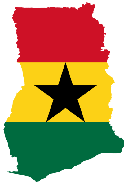 Map of Ghana colored with the Ghanaian flag design.