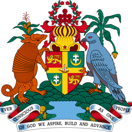 Coat of arms of Grenada featuring a shield with symbols, a helmet with a garland, flanked by an armadillo and a pigeon, and a scroll with the motto "Ever Conscious of God We Aspire, Build and Advance as One People."