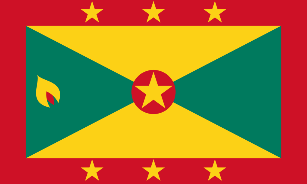 Flag of Grenada with a red border featuring six yellow stars, a central yellow and green diagonal cross, and a red disk with a gold star and a small symbol of a nutmeg on the left.