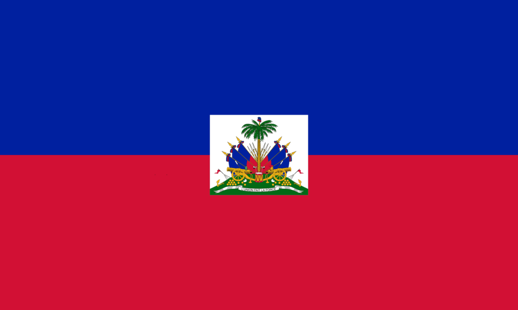 Flag of Haiti with horizontal blue and red stripes and a white square in the center featuring a palm tree and cannons.