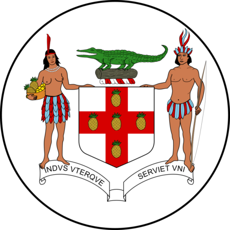 Coat of arms of Jamaica featuring a shield with a red cross and five pineapples, flanked by a male and female Taino holding food and tools, with a crocodile on top of a helmet above the shield, and a banner with the motto "Indus Uterque Serviet Uni".