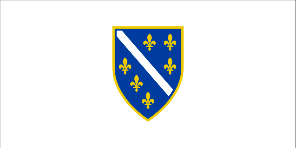 Historical flag of Bosnia with a blue shield featuring a white diagonal stripe and six golden fleur-de-lis.